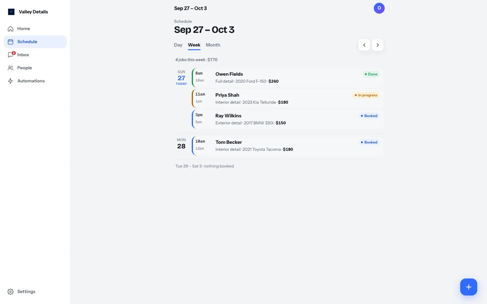 Dashboard schedule: the week's jobs with times, vehicles, prices and status