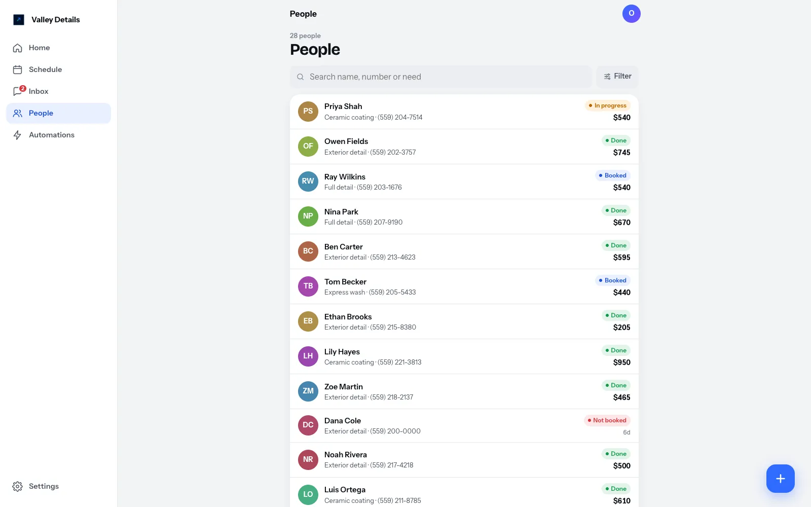 Dashboard People list: each customer marked Not booked, Booked, In progress or Done