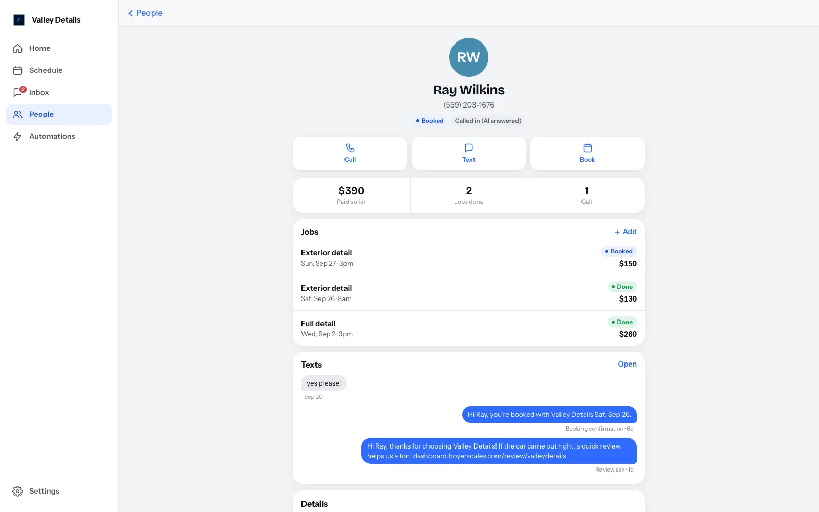 A customer record: name, phone, status, call, text and book buttons, jobs and the text thread
