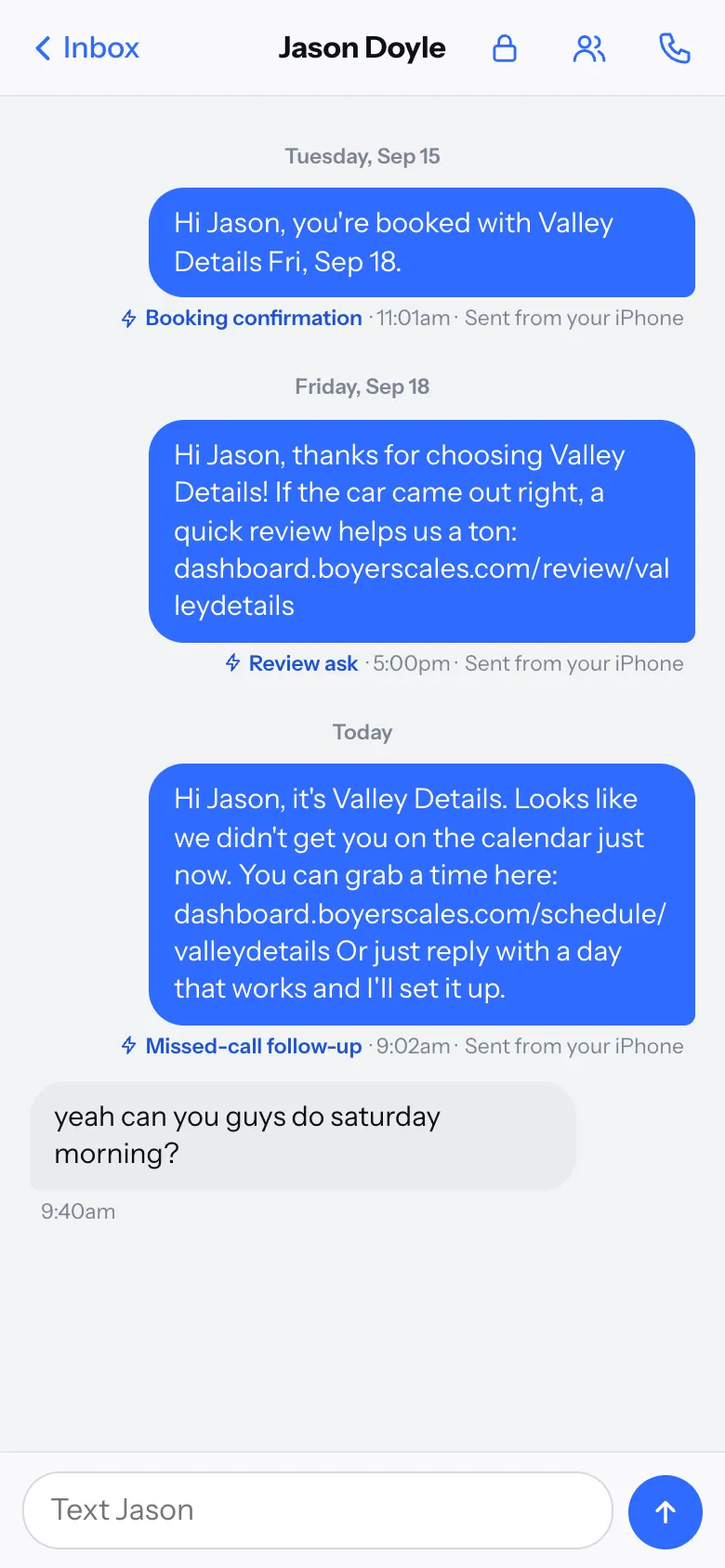 Owner dashboard text thread: a booking confirmation, a review ask, a missed-call follow-up, and the customer replying to book.