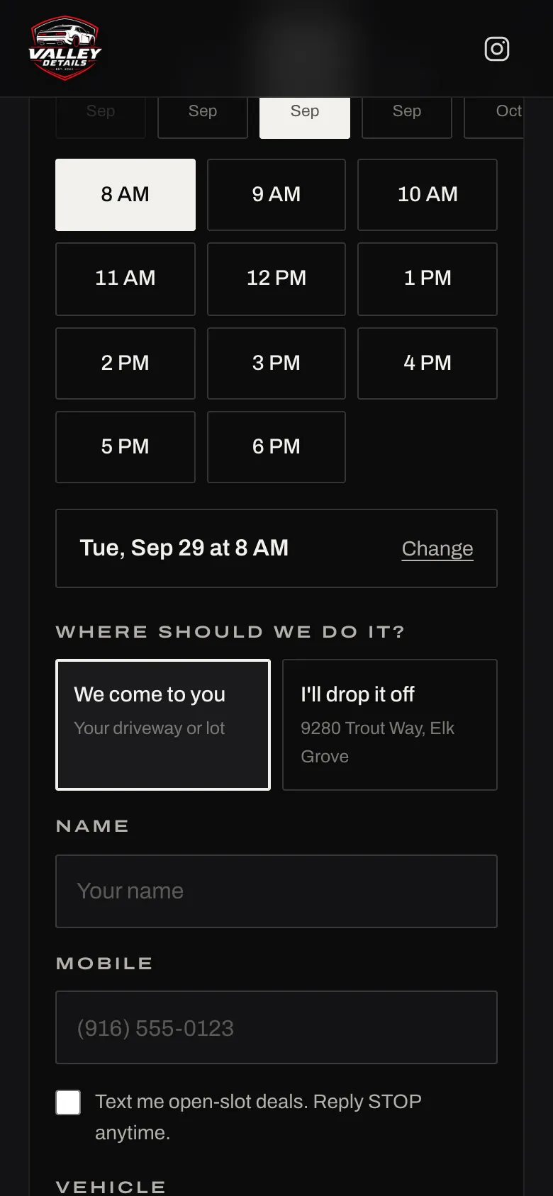 Valley Details booking: open times for the day, the selected time, come to you or drop off, name, mobile, text opt-in