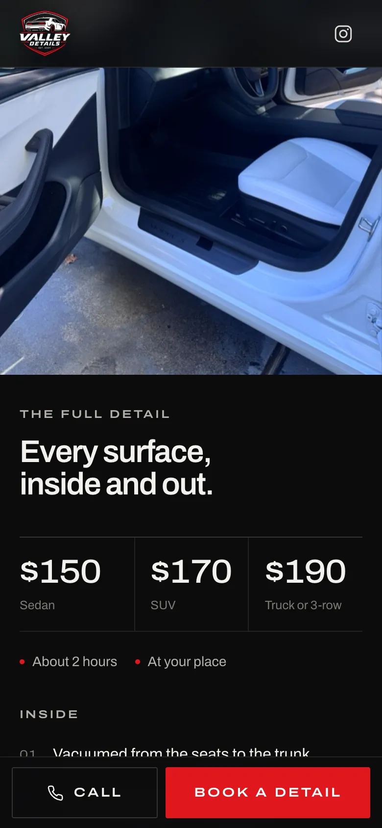 Valley Details on a phone: the full detail at $150 sedan, $170 SUV, $190 truck, with Call and Book a detail pinned to the bottom